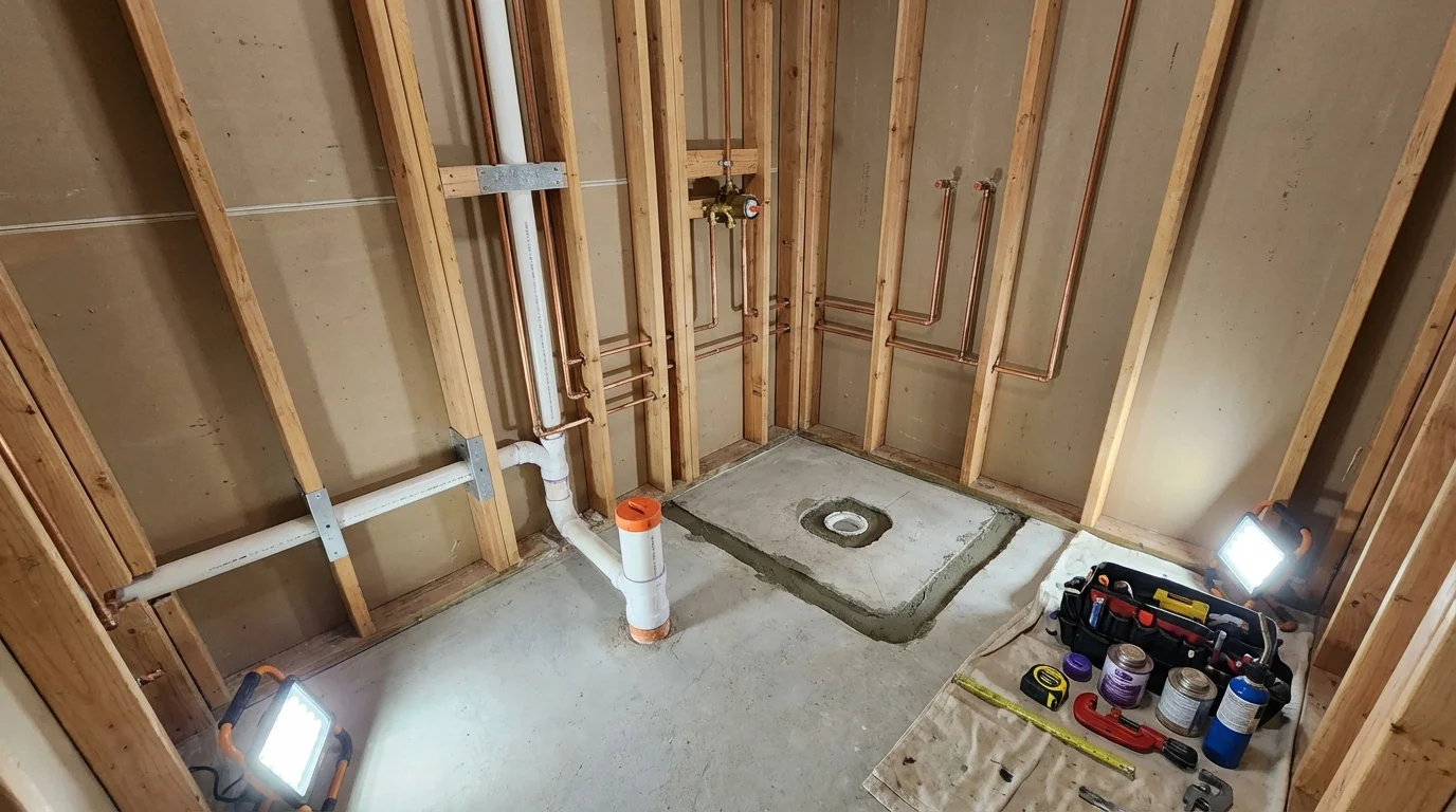 Bathroom rough-in plumbing during remodel by Johns Plumbing LLC in Lake Luzerne