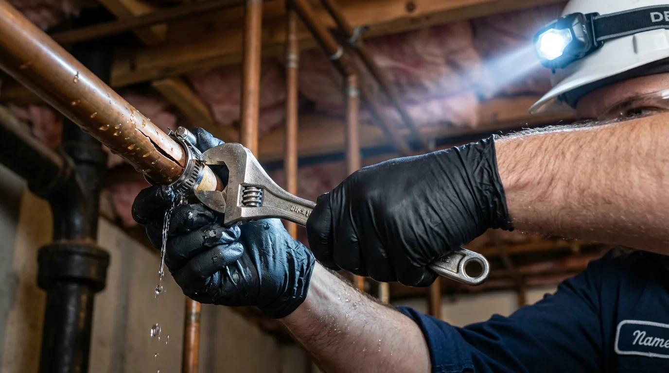Emergency pipe clamp repair being performed by a Johns Plumbing LLC plumber in Lake Luzerne