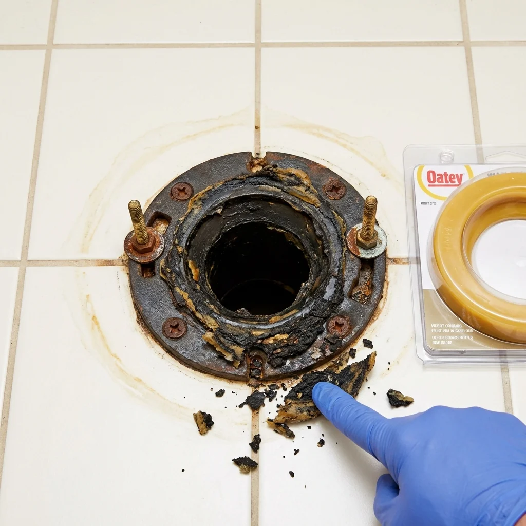 Failed wax ring showing water seepage at the base of a toilet in a Lake Luzerne, NY home