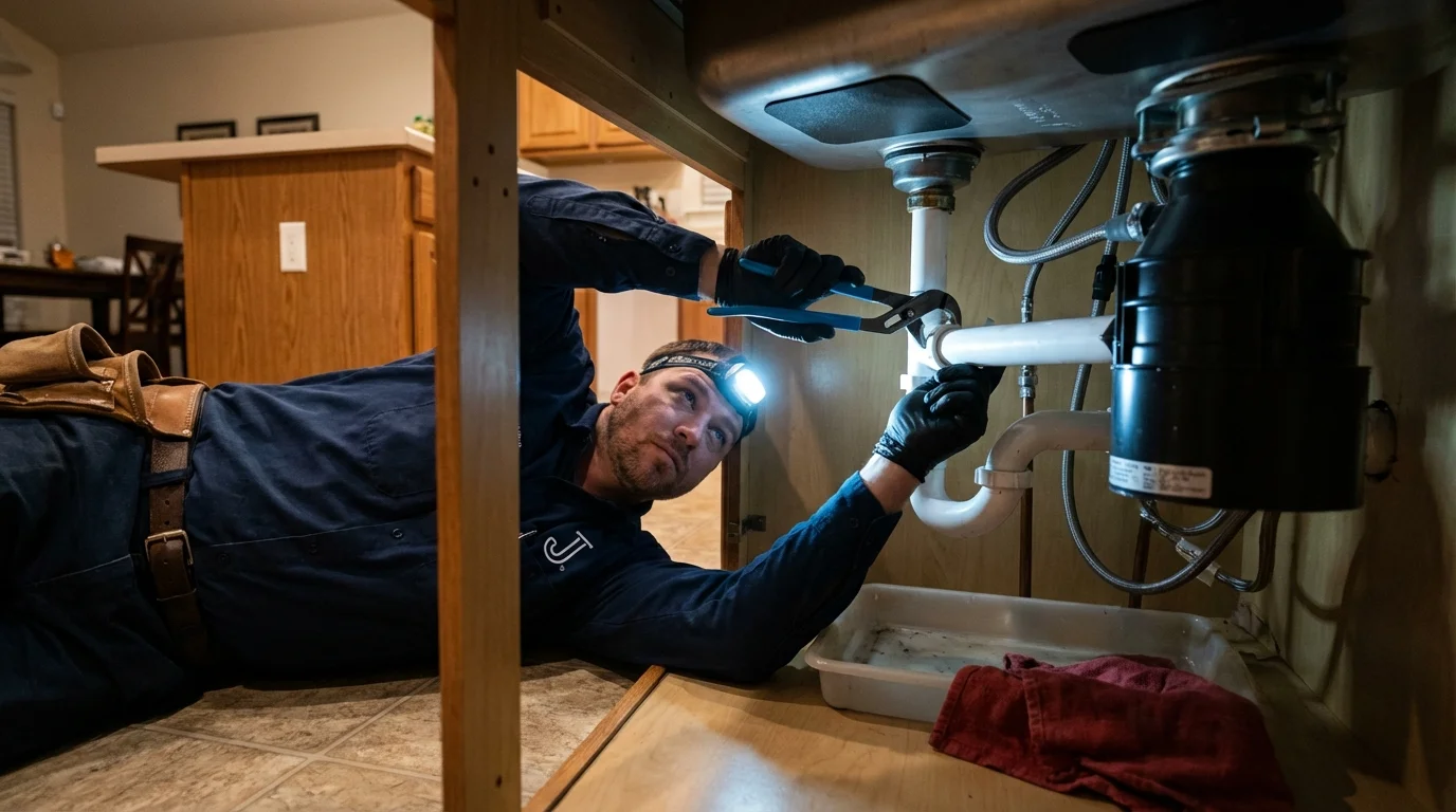 P-trap and supply line connections under a kitchen sink showing a common leak point in Lake Luzerne, NY